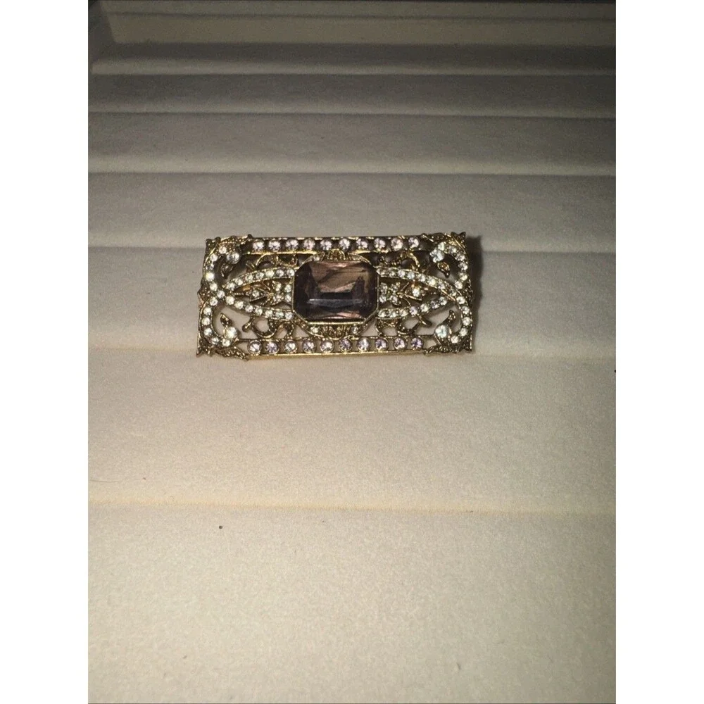 1928 Art Deco Purple Glass Brooch Gold Tone Crystal Pin Victorian Marcasite